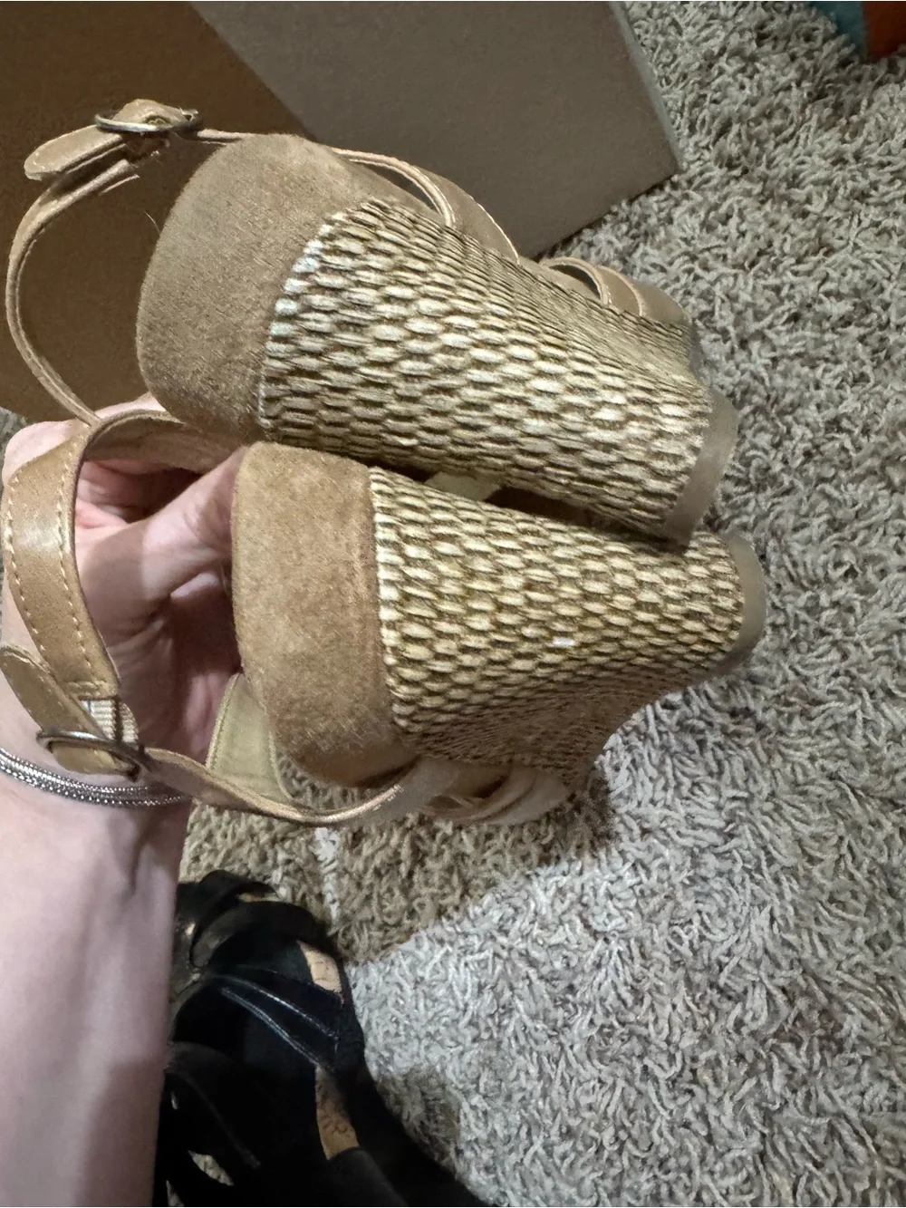 TWO AEROSOLES Women's Black Tan Wedge Strappy Sandals *Comfort Memory Foam*
